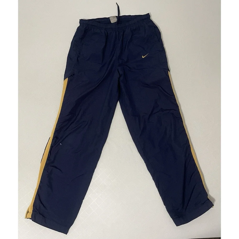 VINTAGE Nike Men Activewear Track‎ Pants S Blue Gold Swoosh Pockets Drawstring